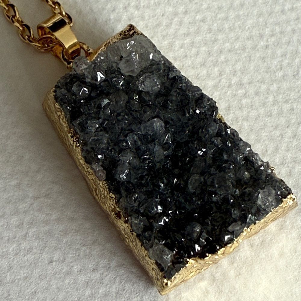 Black Druzy Quartz Pendant Necklace - Rough Crystal Nugget with Gilded Edge